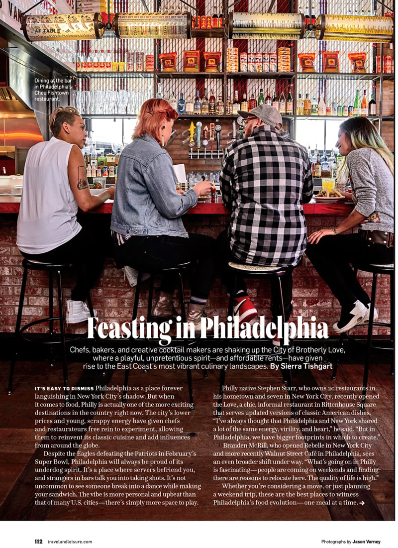 Tear sheet from Travel + Leisure Magazine on Philadelphia dining photographed by Jason Varney.