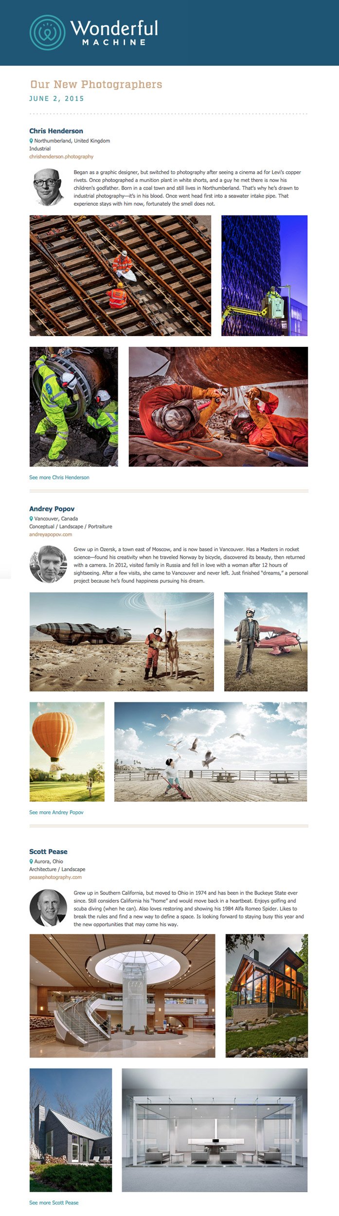 Emailers: June 2, 2015 showing new member photographers Chris Henderson, Andrey Popov and Scott Pease,
