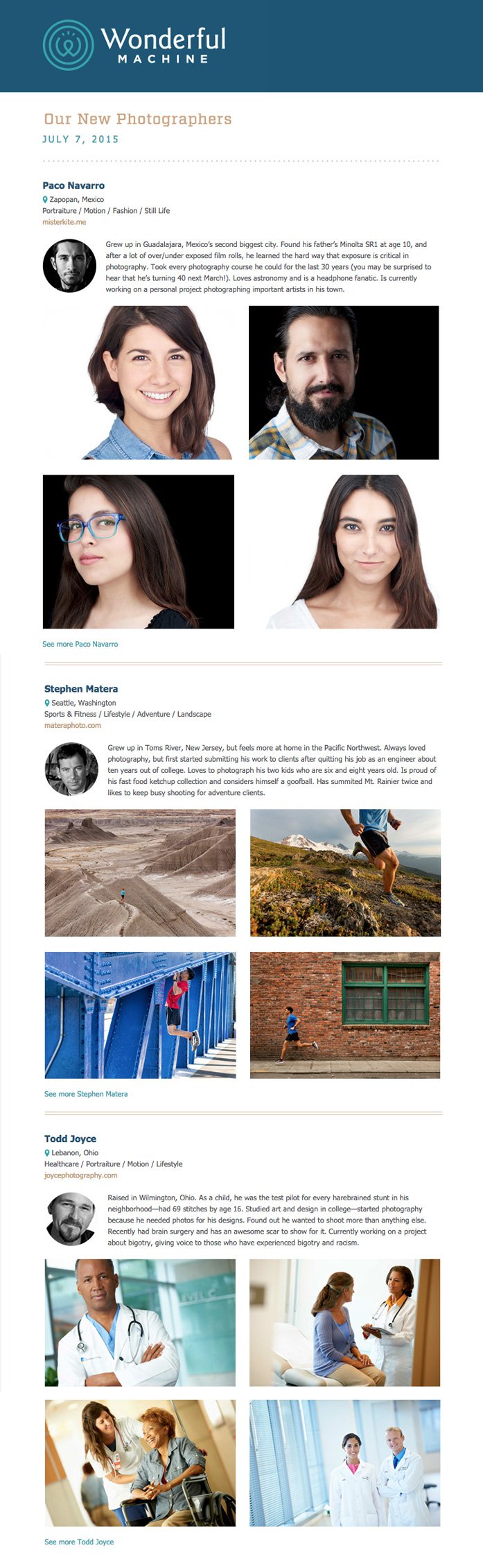 emailer welcoming our new member photographers for July 7 2015: Paco Navarro, Stephen Matera, Todd Joyce