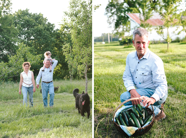 Two photographs by Julia Vandenoever of a family walking and a man with a basket of veggies