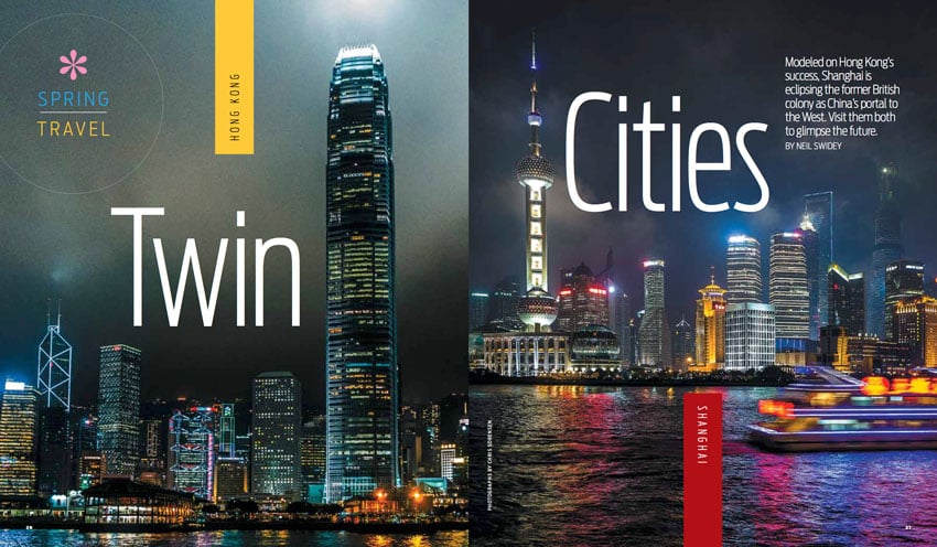 Skyline photos of Hong Kong and Shanghai, "Sister Cities", at night shot by Chris Sorensen for The Boston Globe.
