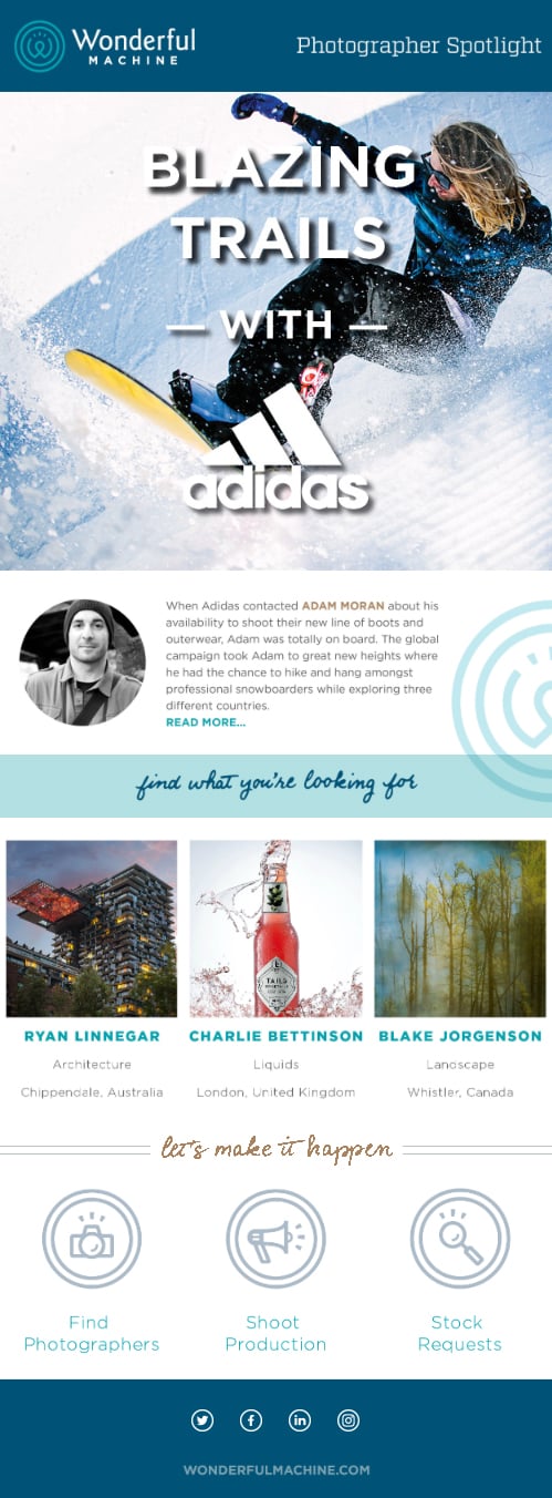 Copy of February Photographer Spotlight emailer featuring Adam Moran's snowboarding work for Adidas.