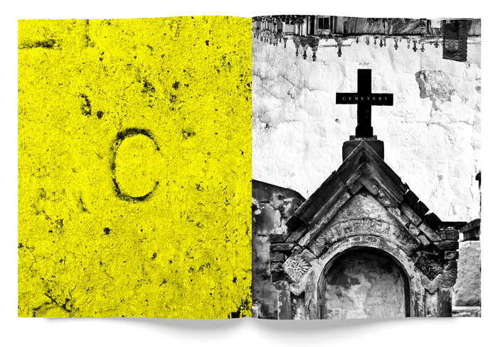 A page saturated in yellow with the letter "C" carved in the center (left) and an image of a cross on an old structure (right)