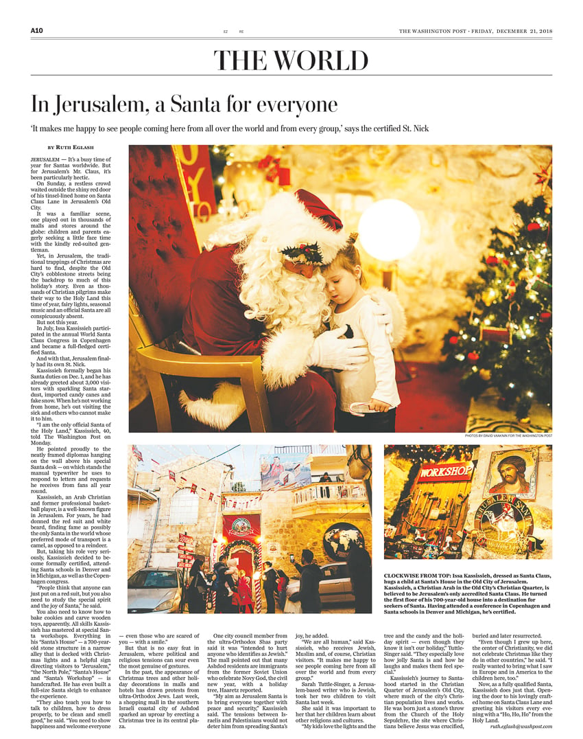 tear sheet of Santa Issa Kassissieh in Jerusalem by photographer David Vaaknin for the Washington Post