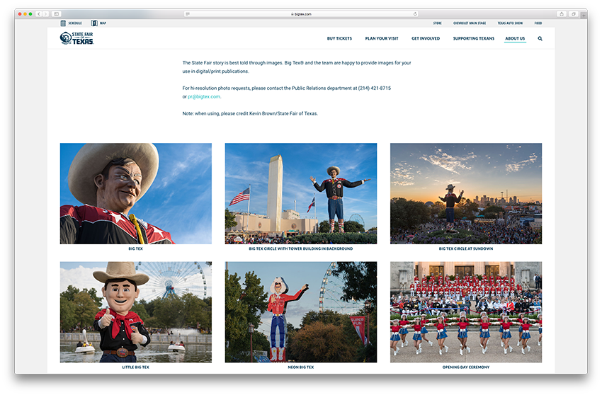 Tearsheet from the State Fair of Texas website showing multiple images of statues, landmarks, and celebrations at the fair.