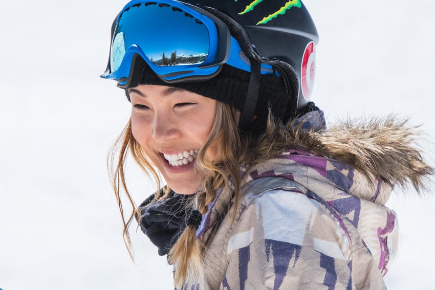 Photo of snowboarder Chloe Kim smiling by Myles McGuinness
