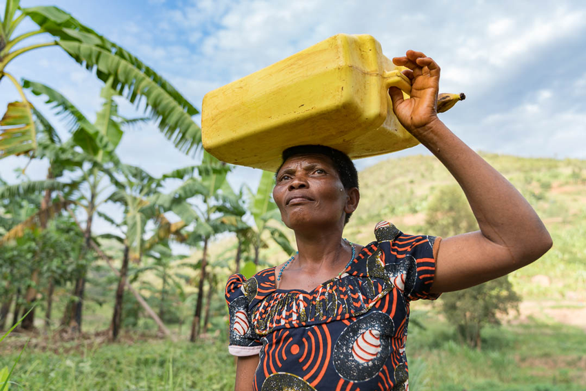 Rwandan woman carries supply on her head in a coffee community by Gary S Chapman