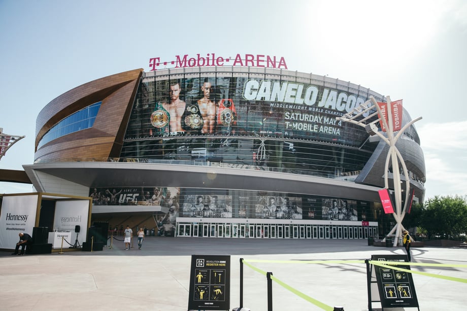 AK Collective's shot from the case study for the Canelo vs. Jacobs marketing campaign shows an exterior of the T-Mobile Arena