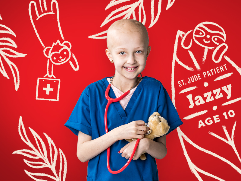 Terri Glanger's shot of Jazzy, 10, dressed in scrubs and caring for a stuffed animal friend against a red backdrop