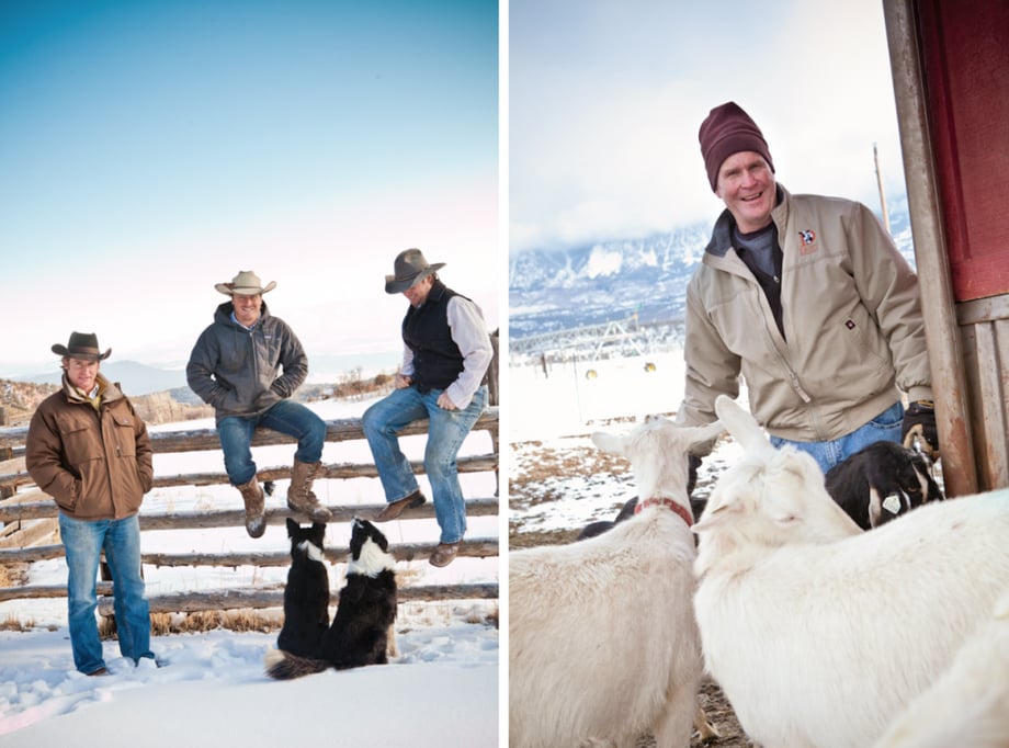 Two photographs by Julia Vandenoever of men of a fence with dogs in the snow and a man with goats