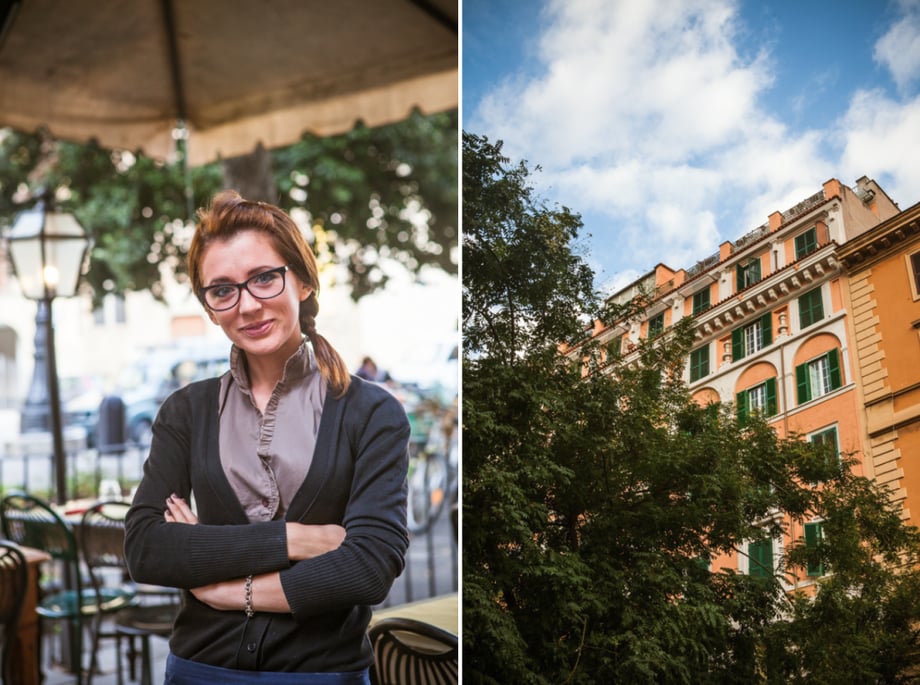 Two photographs by Julia Vandenoever of a woman and a building