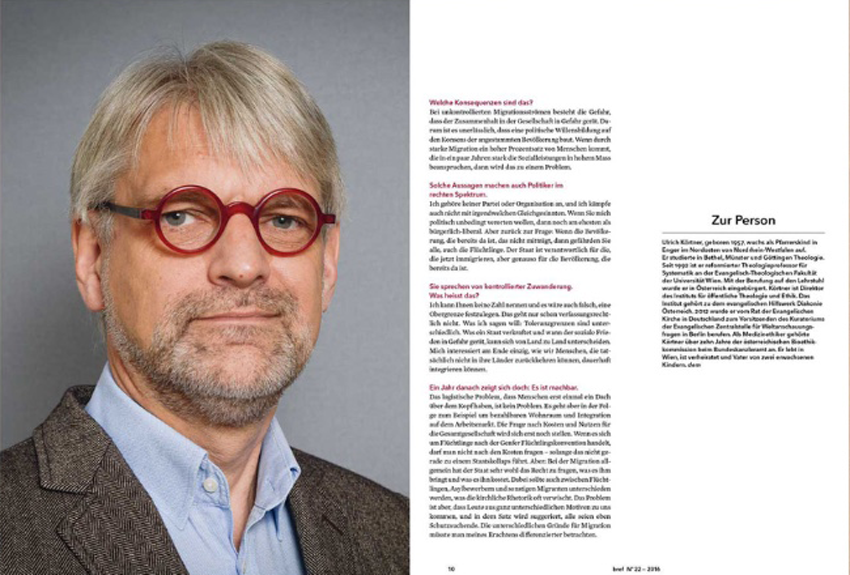 Tearsheet featuring portraits of  Professor Ulrich Körtner for Bref Magazine by Hans Hochstöge.