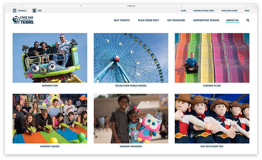Tearsheet from the State Fair of Texas website showing multiple images of rides and attractions at the fair.