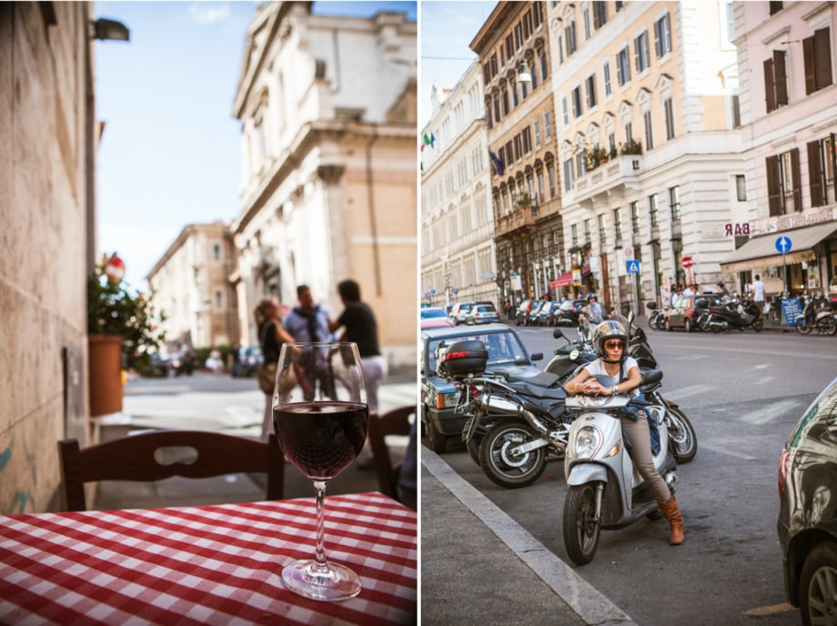 Two photographs by Julia Vandenoever of a wine glass and a woman on a motorbike
