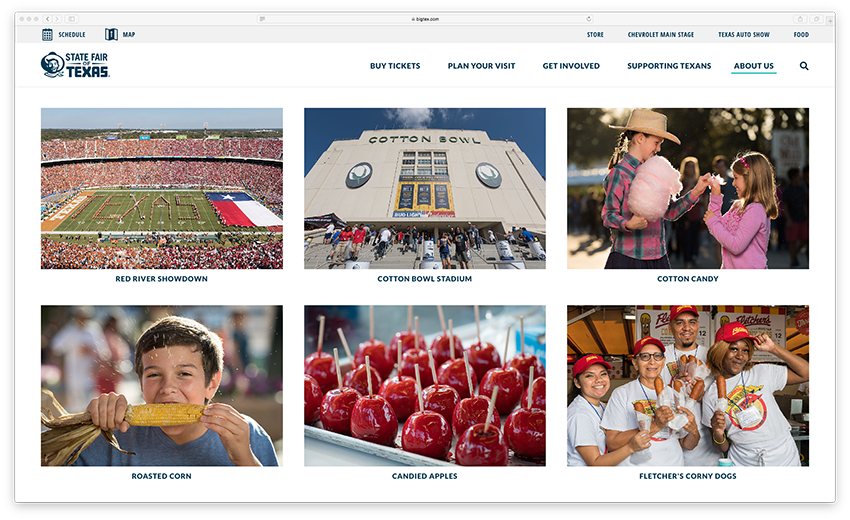 Tearsheet from the State Fair of Texas website showing multiple images of locations, food, and activities at the fair.