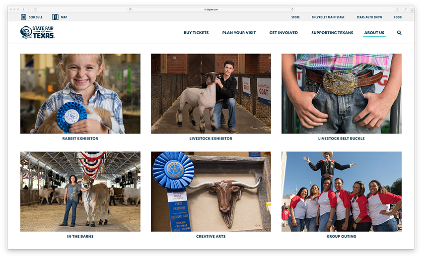 Tearsheet from the State Fair of Texas website showing multiple images of people with livestock prizes.