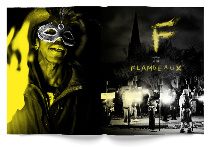 A mostly black-and-white image of a man wearing a masquerade mask (left) and people gathering with signs and lights (right) with the letter F imposed above the word "Flambeaux" in yellow 