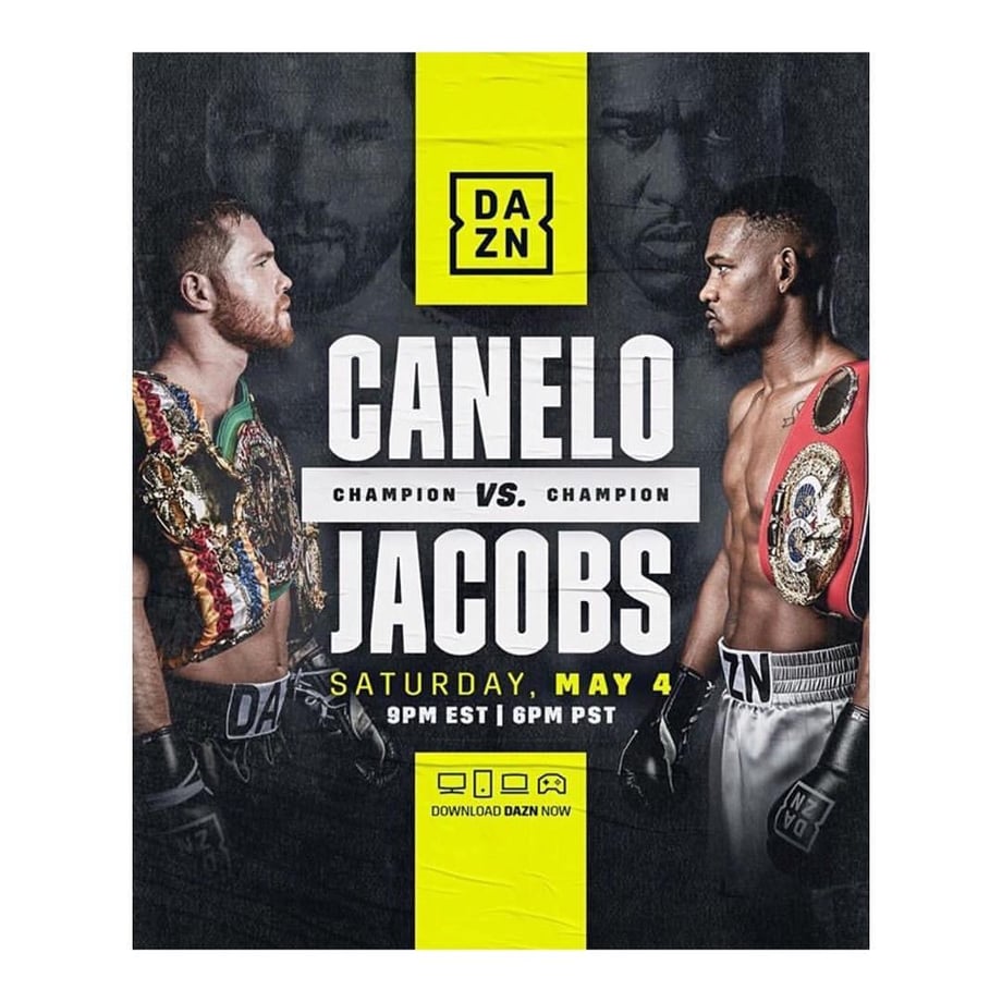 Canelo vs. Jacobs poster by AK Collective shows the fighters facing off with center text describing the fight date and time