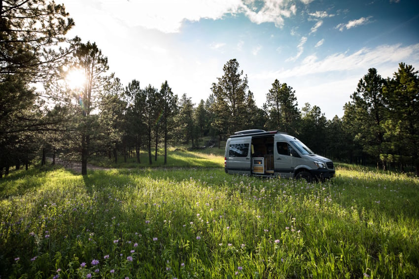 Scott Gable's shot of Mercedes camper Van named The Big Scout parked in a field of wildflowers