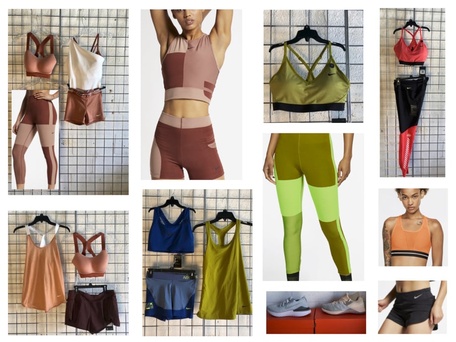 Collage of Mary Beth Koeth's photos include several shots of athletic wear hanging and some on models.