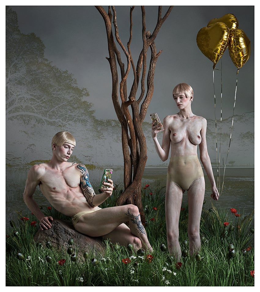 Dror/Forshée depict Adam & Eve in the Garden of Eden. Both are looking at cell phones