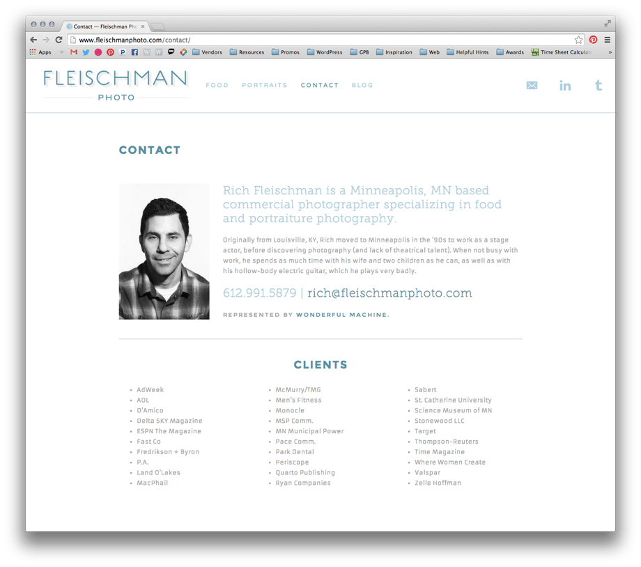 the new contact page on his website, showing his bio, portrait, and client list
