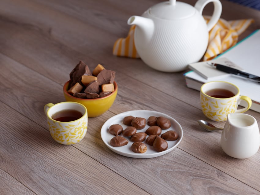 Photo by Alistair Tutton of tea and Russell Stover chocolates. 