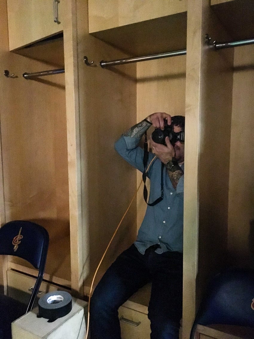 Behind the scenes: Angelo Merendino going long by sitting in a locker to get the best photograph of Larry Nance Jr.