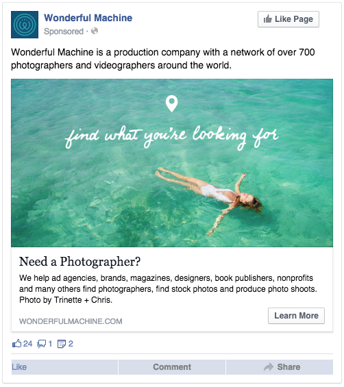 Screenshot of a Wonderful Machine Facebook ad featuring a photo by San Francisco-based lifestyle photography duo Trinette + Chris.