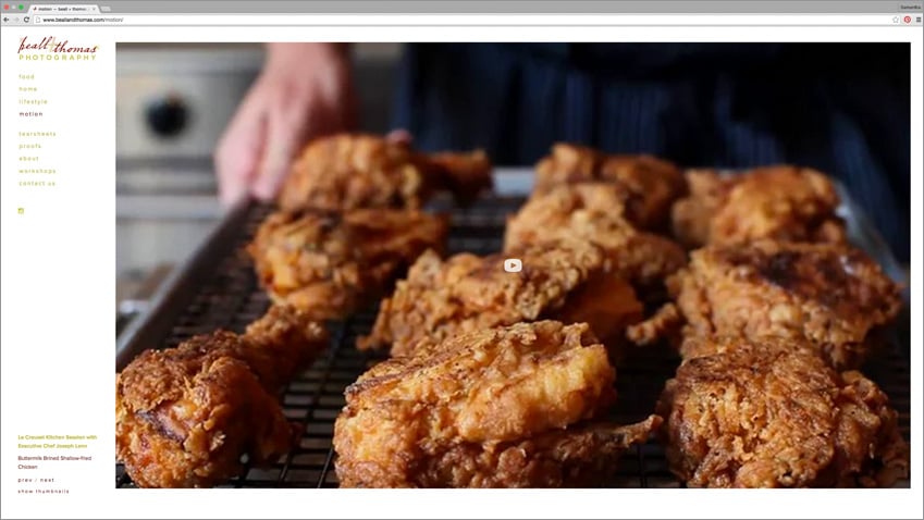 Beall + Thomas new website showing an embedded youtube video of fried chicken cooking.