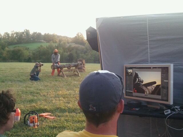 Behind the scenes image of St. Louis-based photographer John Fedele capturing a shot for STIHL