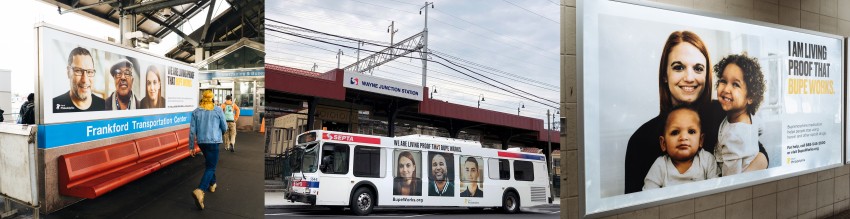 BUPE Billboards featuring Gene Smirnov's photos on two billboards and a SEPTA bus