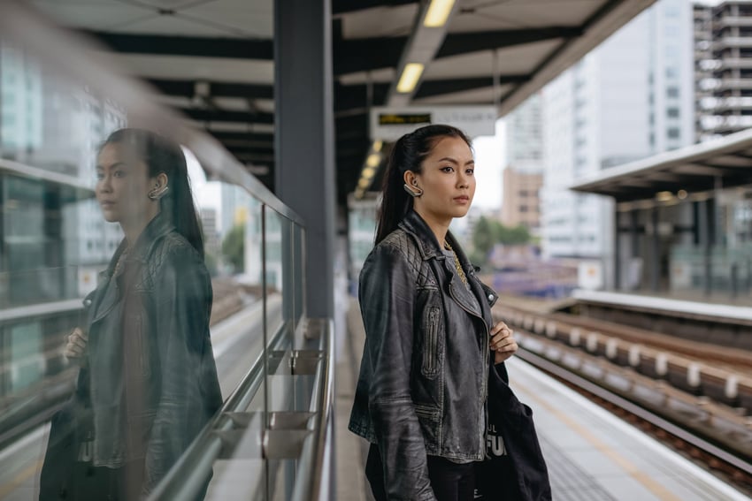 Woman at the train station using Sony Xperia Ear photographed by Ashley Lewis