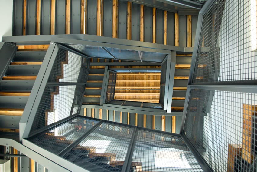 Tearsheet of HNI Corporation HQ staircase shot by photographer Andrew Buchanan.
