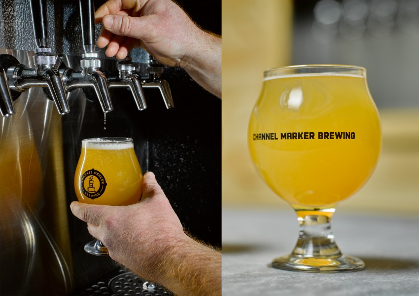 Doug Levy's photos show a beer being poured, and a glass of beer that says Channel Marker Brewing