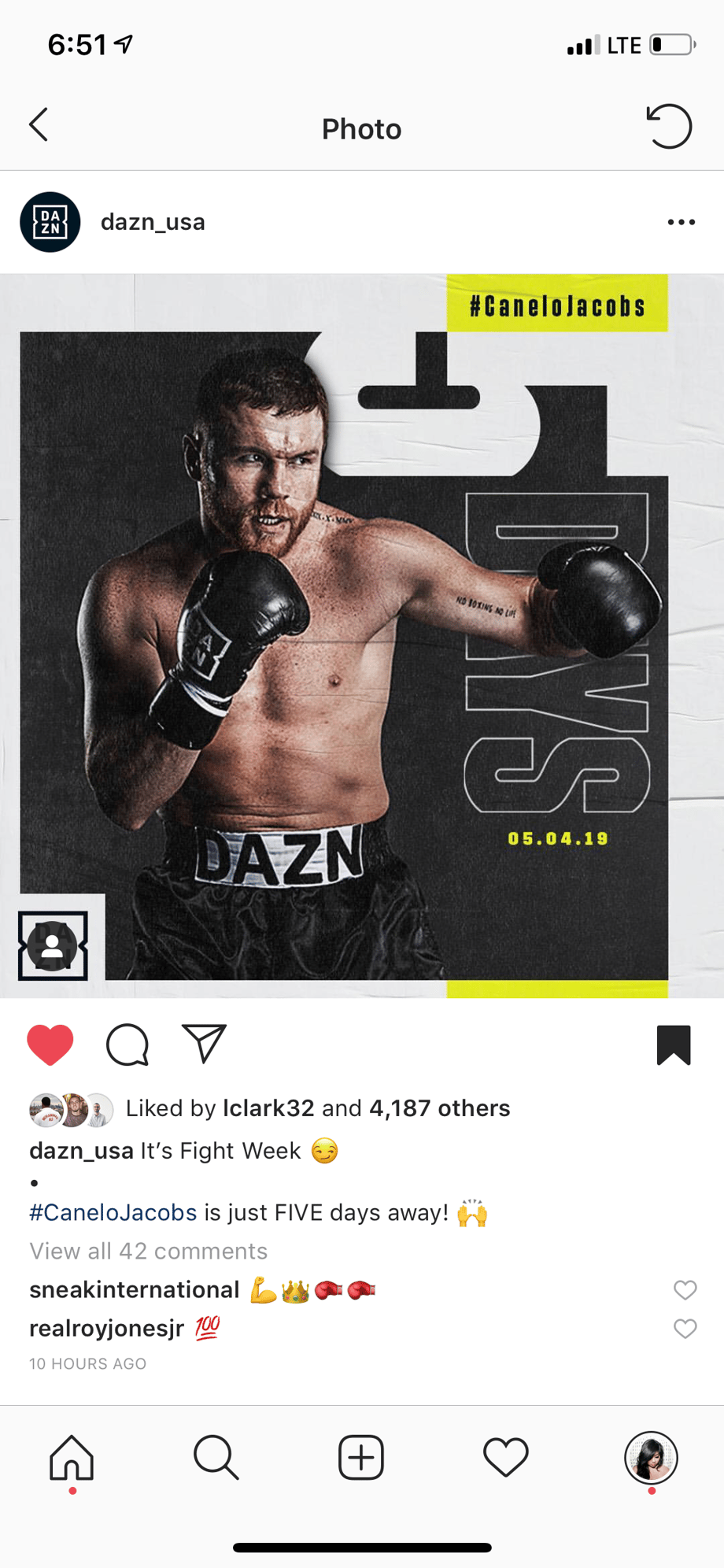 Screen shot shows AK Collective's action shot of Canelo as featured on the dazn_usa Instagram feed in advance of the fight