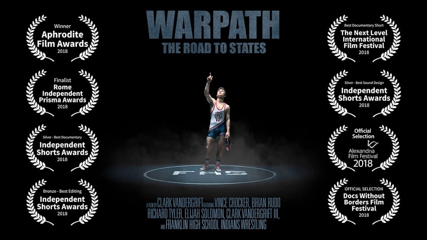 Poster including critical accolades of photographer Clark Vandergrift's personal project Warpath.