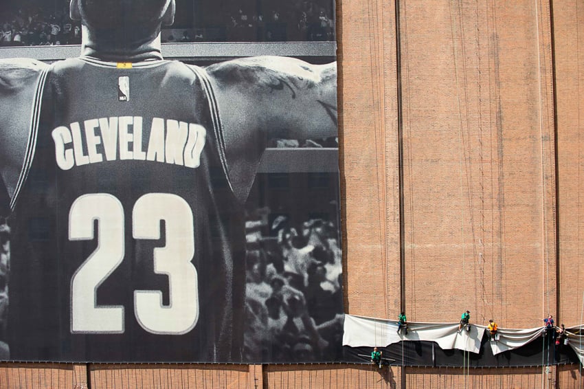 photographer Angelo Merendino's TIME photo-of-the-year of Lebron James banner in Cleveland
