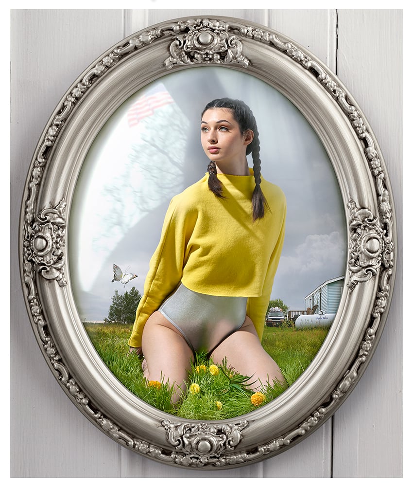 Curio by Dror/Forshée has a silver oval frame with a woman in a yellow shirt kneeling in a grassy field