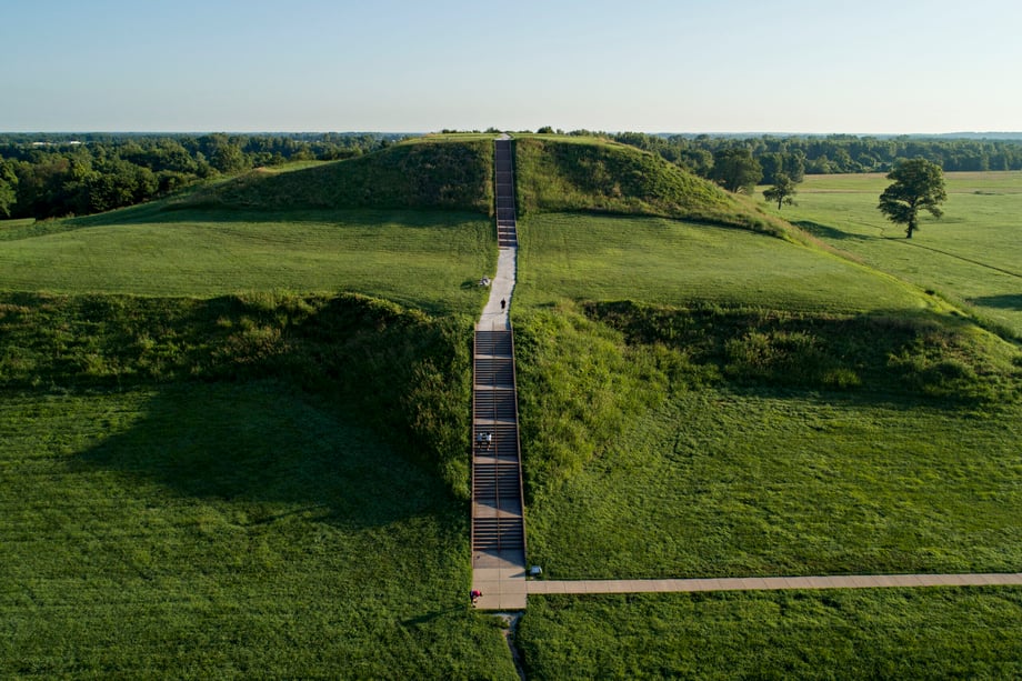 Another drone shot captures the length of the foot path and sets of stairs leading to the top of the Cahokia Mounds
