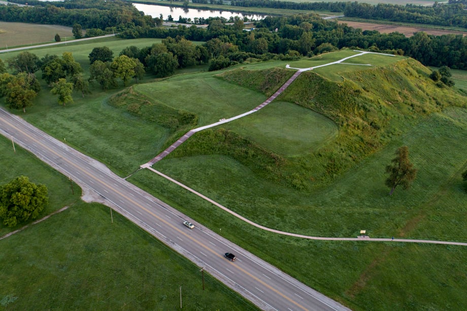 Daniel Acker's drone shot of the Cahokia Mounds also shows the highway and the walking trail and stairs leading to the top