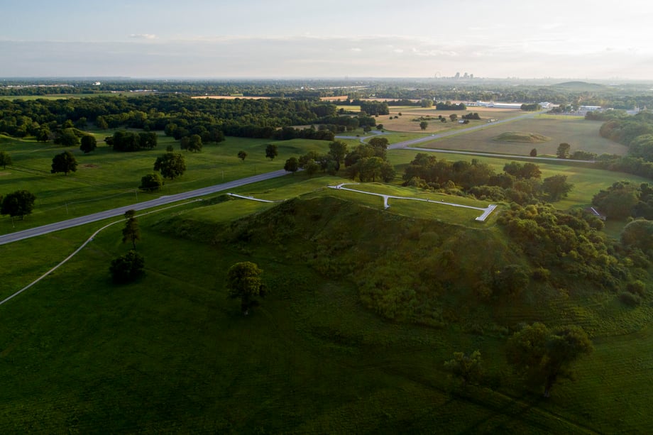 Another drone shot by Daniel Acker shows the Cahokia Mounds from a different angle