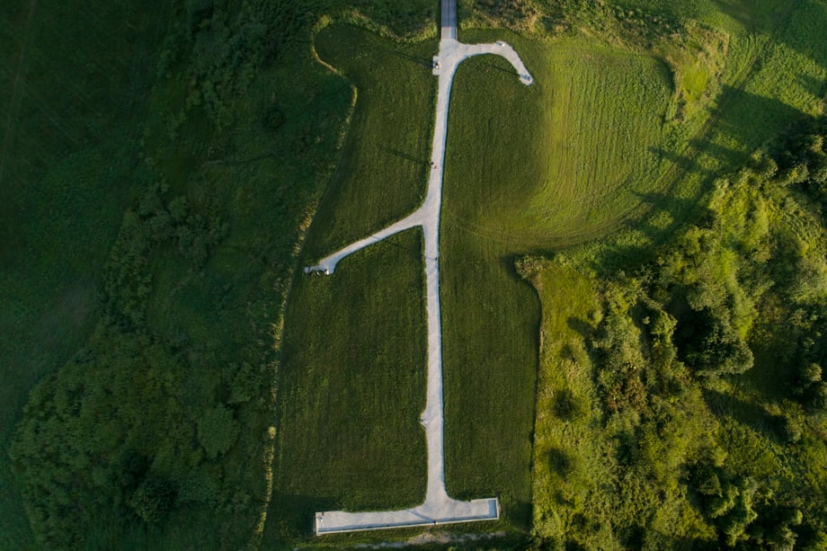 This aerial photo by Daniel Acker emphasizes the walking paths to and around the Cahokia Mounds
