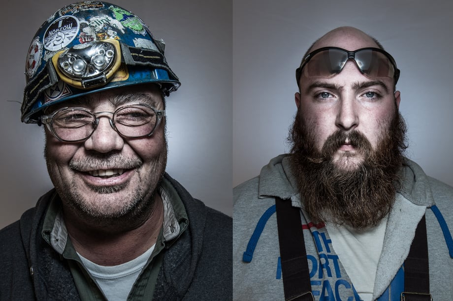 Heather's portraits of workers Dan, left and Devin, right. Dan is wearing a hard hat covered in stickers, and Devin has sunglasses