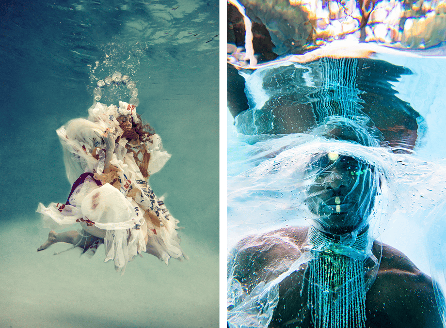 Two of Julia Lehman's underwater shots show (L) a woman wrapped in white fabric and (R) a man wearing a thick beaded necklace
