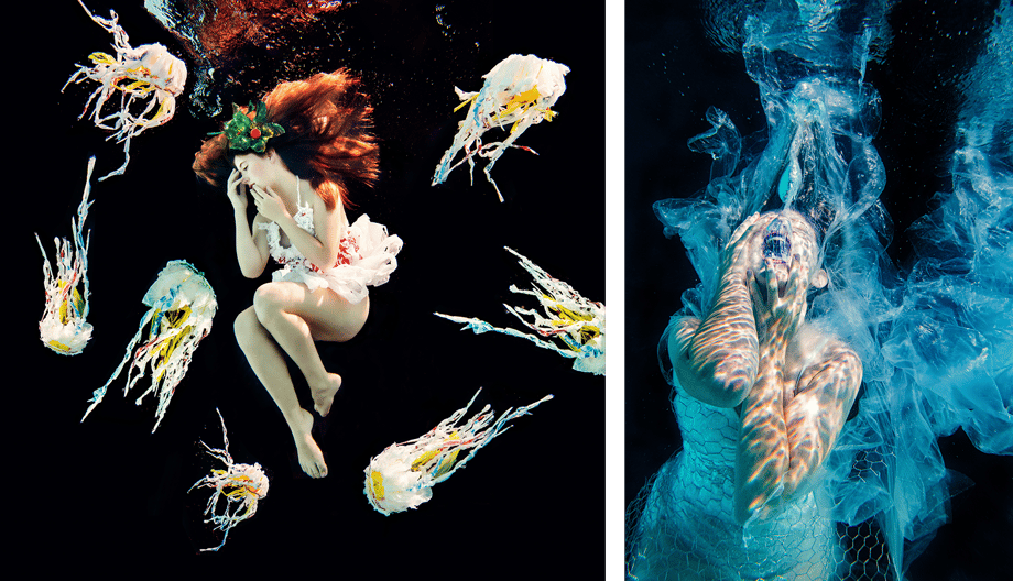 Two images by Julia Lehman for Worldtown show (L) a woman underwater with fabric jellyfish and (R) a woman screaming