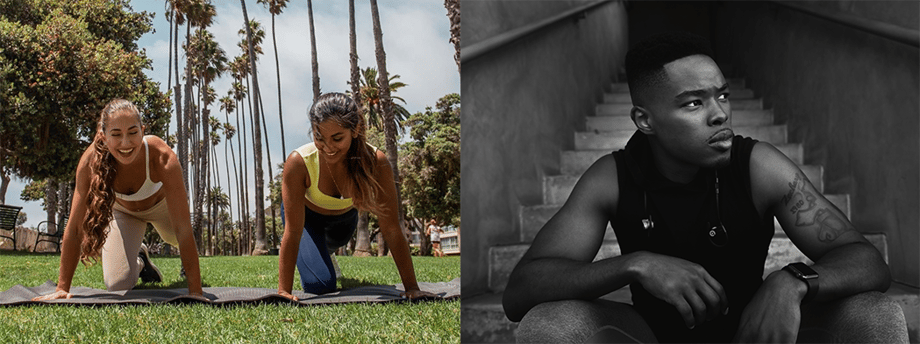 Two young women practice yoga on the grass in the photo on the left and a young man sits in a stairwell on the right
