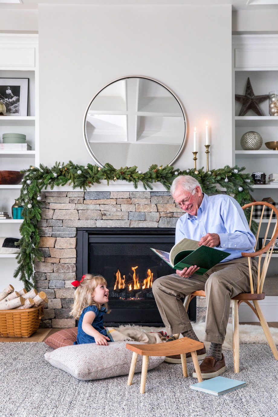 Erin Little photograph of a grandfather and granddaughter for Thos. Moser's furniture winter catalog.