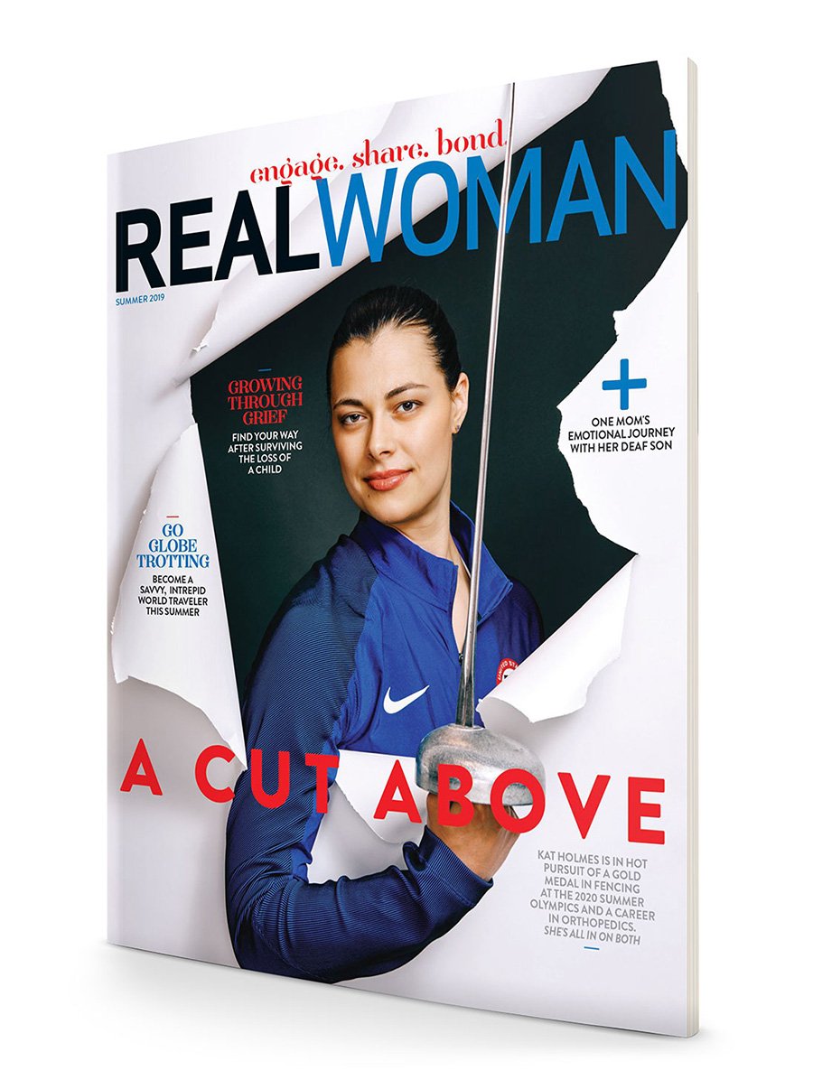 Jeff Wojtaszek's portrait of Kat on the cover of the magazine, holding an epee
