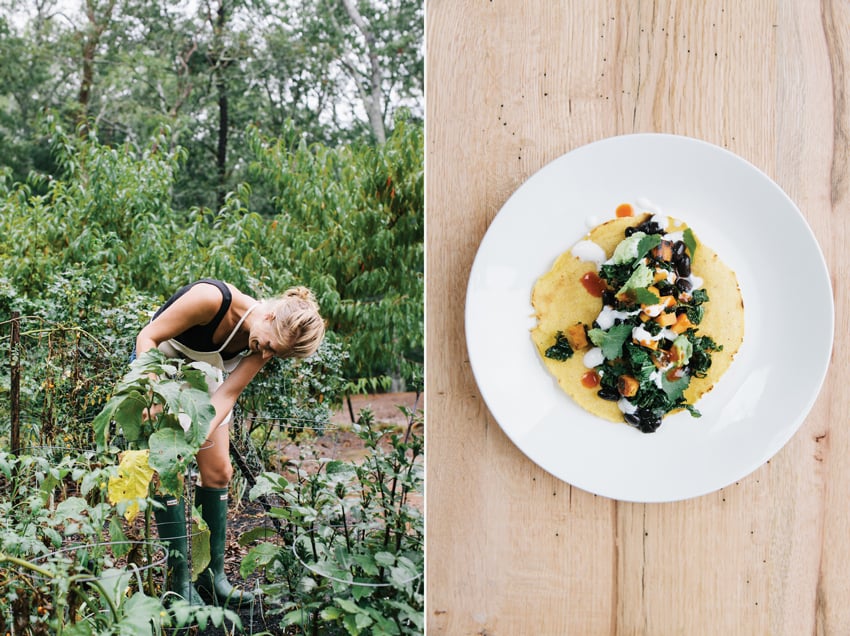 Elizabeth Cecil photographs of a woman gardening and a prepared meal